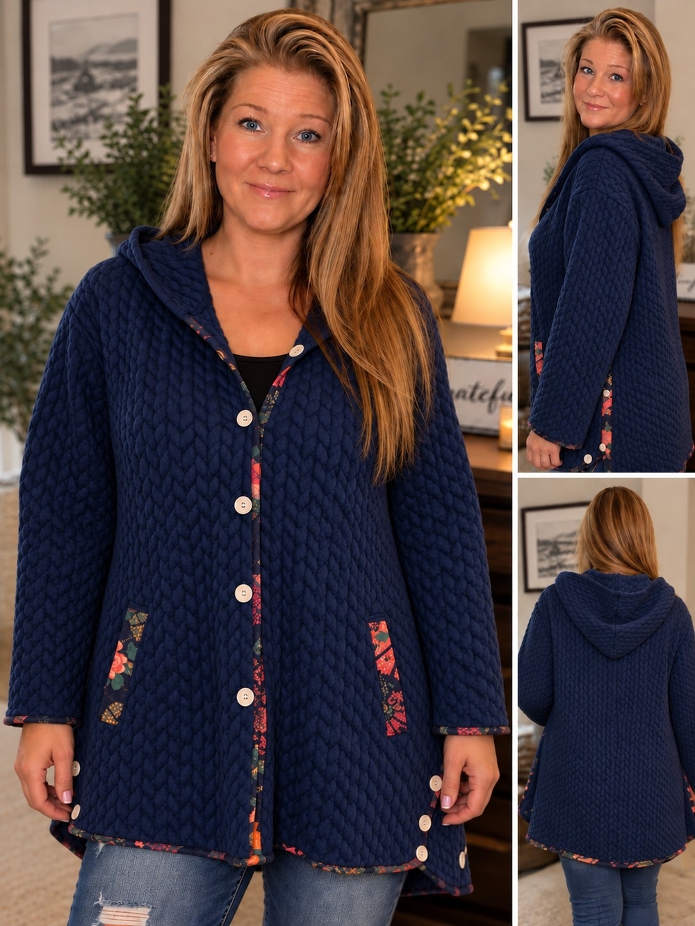 Women's Navy Hooded Quilted Jacket